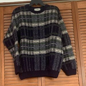 L.L. Bean Navy Plaid Crewneck Sweater with Gray and Green Accents